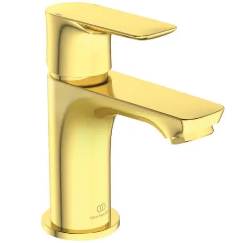 Goldfarbener Waschtischarmatur von Ideal Standard mit einem modernen Design und einer hohen Auslaufhöhe für eine komfortable Nutzung.